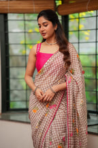 Brown checked mul cotton saree with hand work blouse