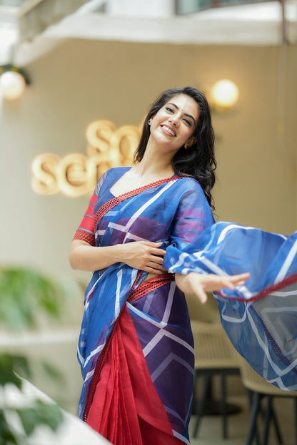Blue maroon organza saree with patterned blouse