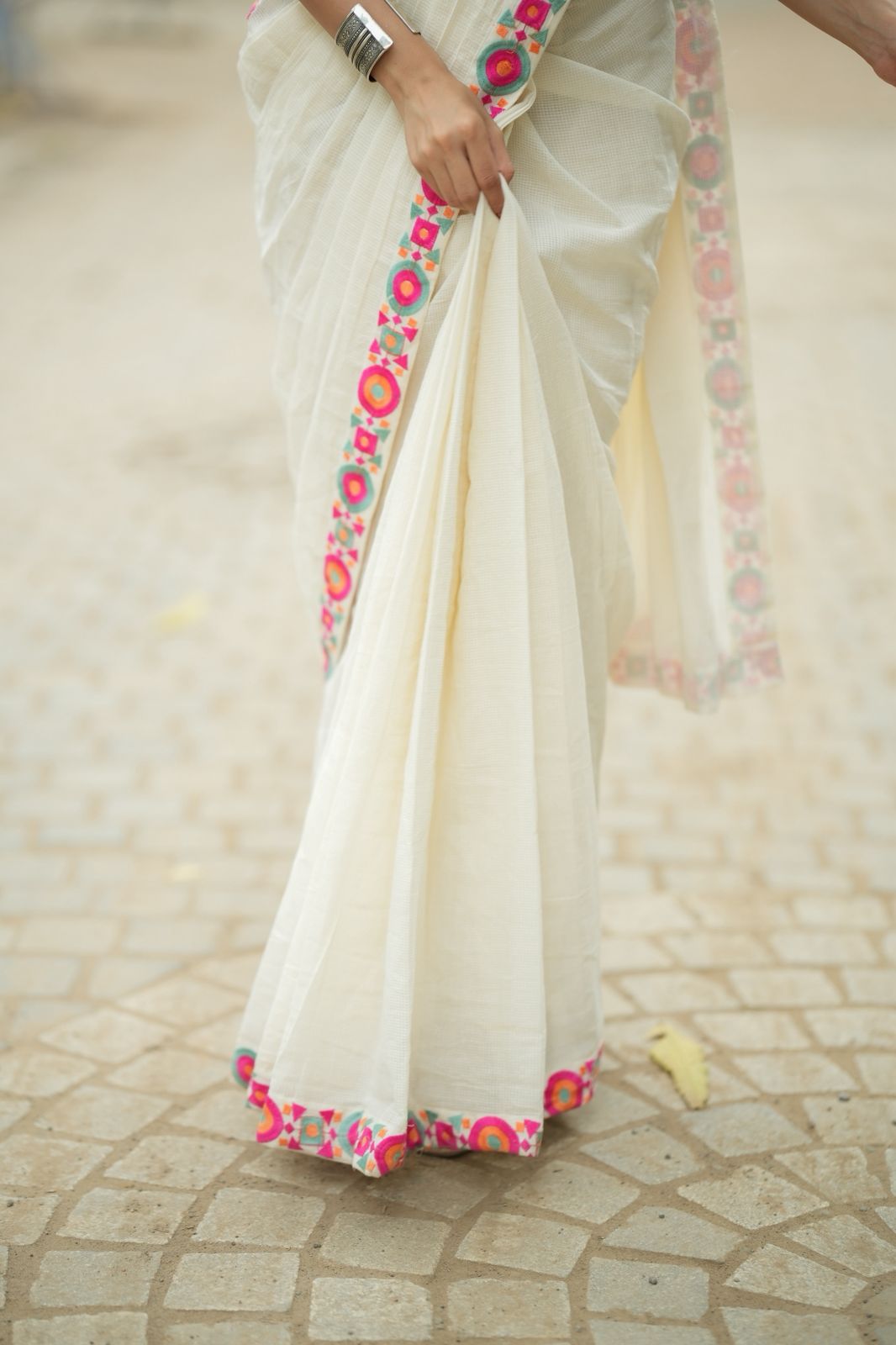 Cream cotton kota saree with embroidery work blouse