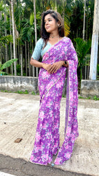 Purple floral georgette saree with hand worked blouse