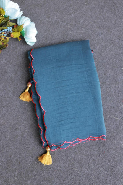 Blue malai cotton saree with kalamkari handwork blouse