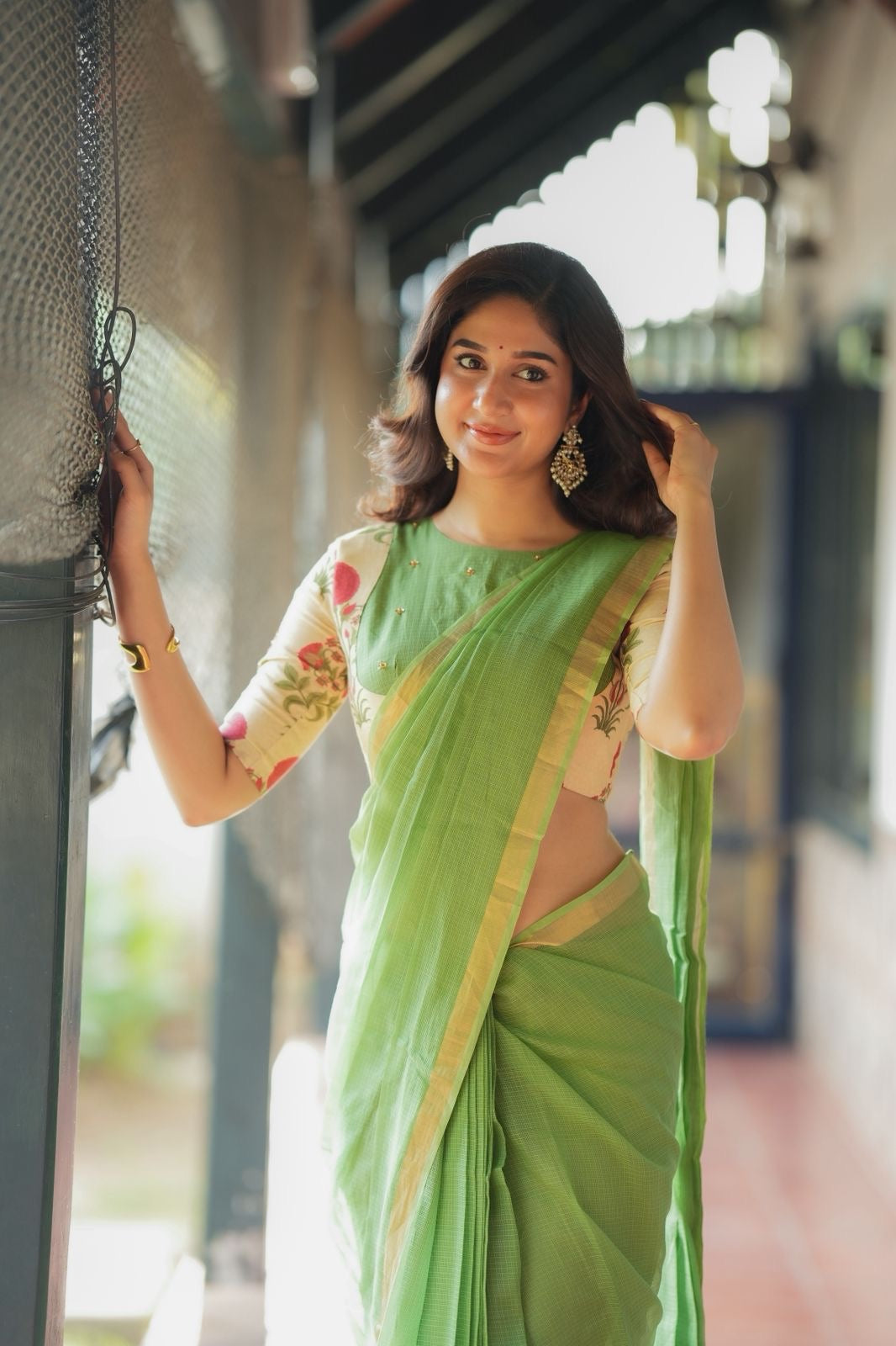 Cream cotton print hand work blouse(only blouse)