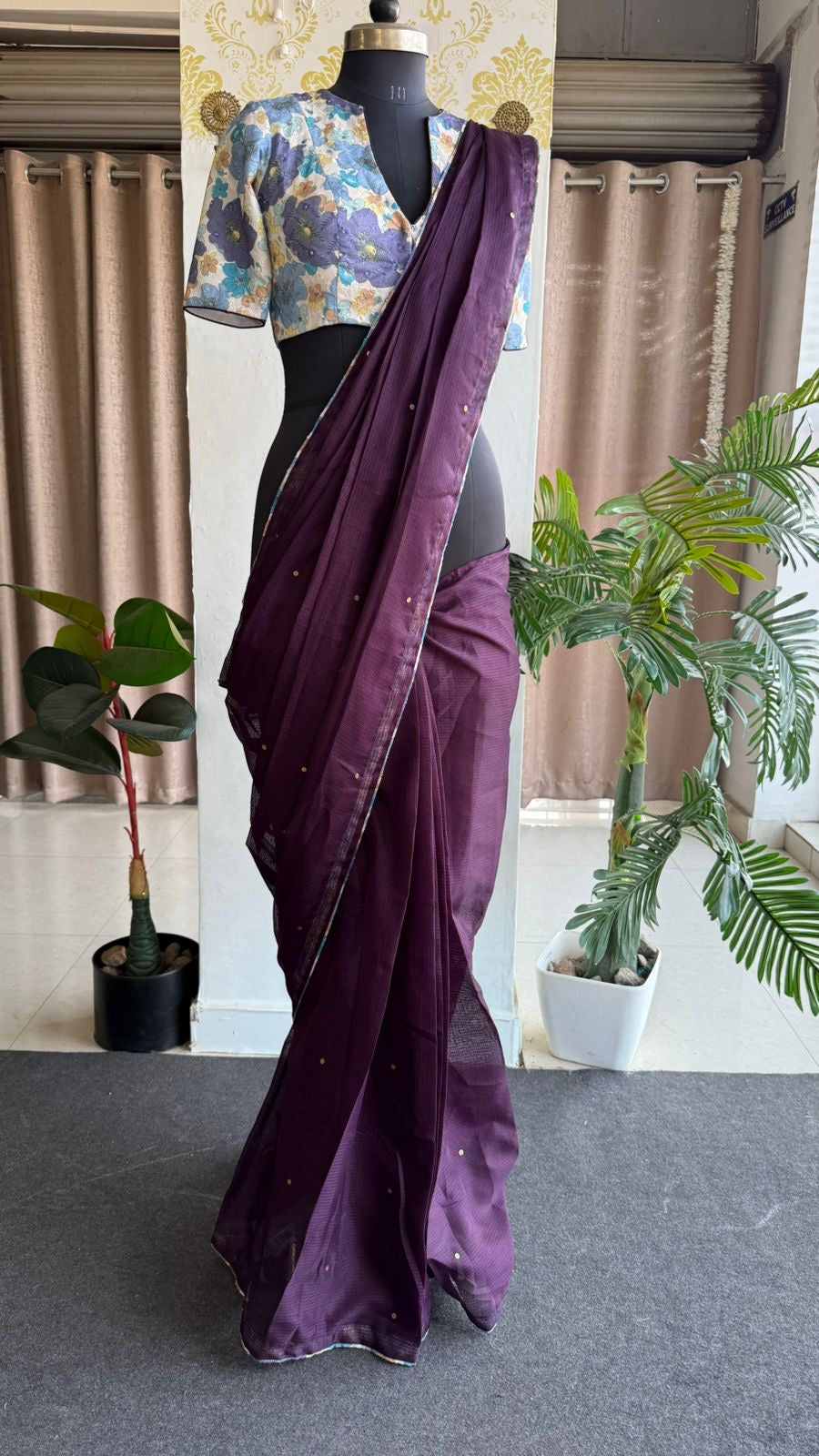 Wine kota saree with lilliac cotton blouse