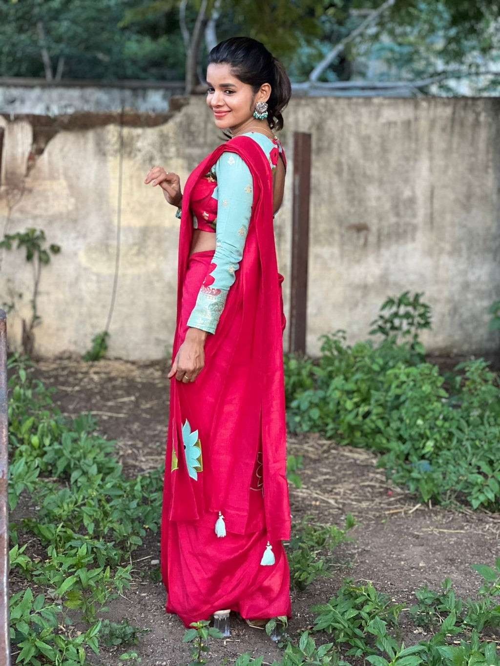 Pink marble silk saree with  embroidery blouse