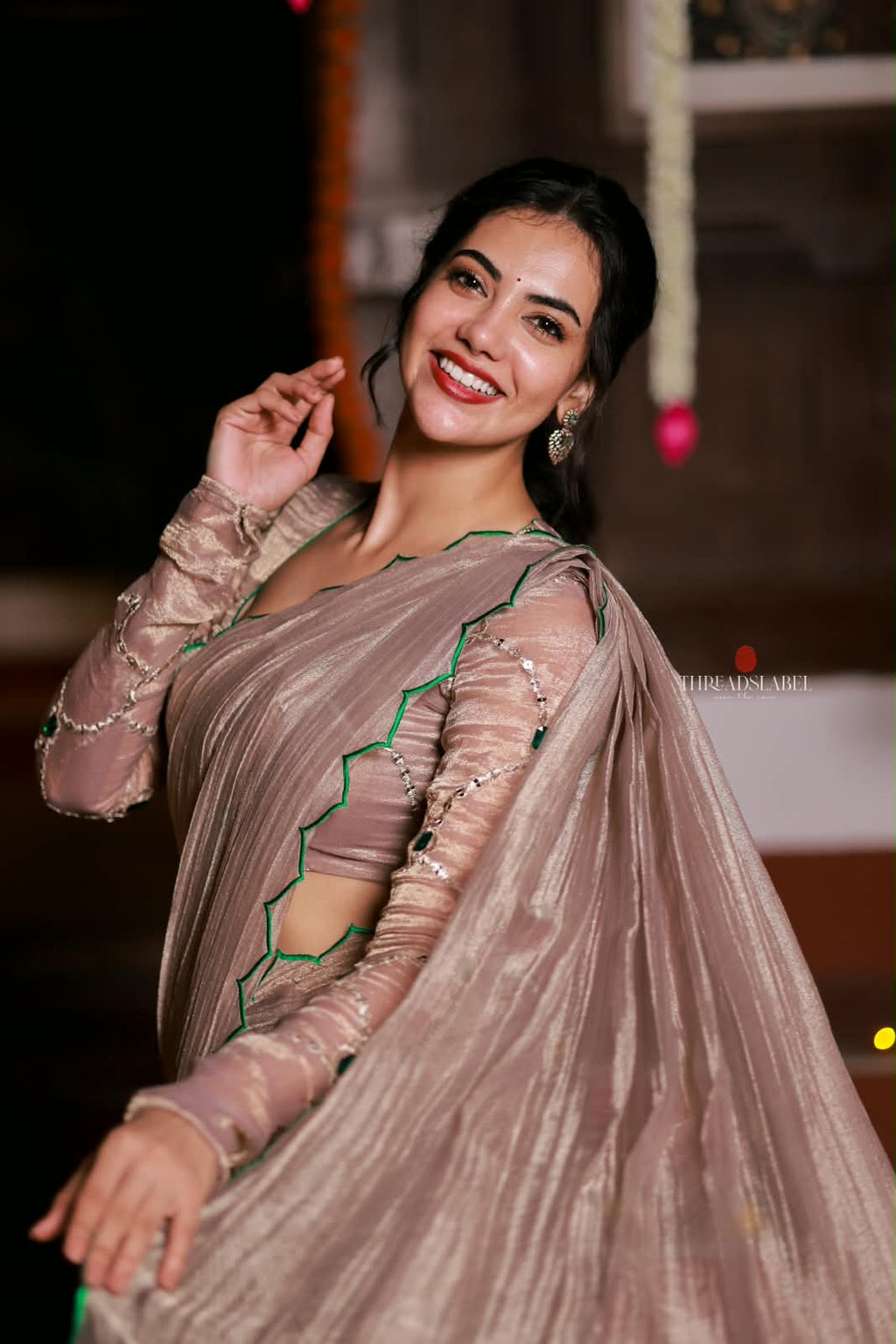 Dusty silver tissue hand made saree & blouse