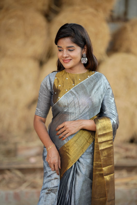 Silver grey gold soft tissue saree with handwork blouse