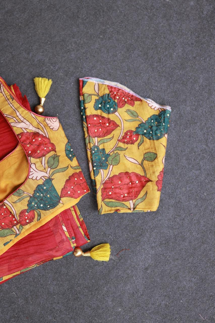 Red chanderi cotton saree with kalamkari handwork blouse