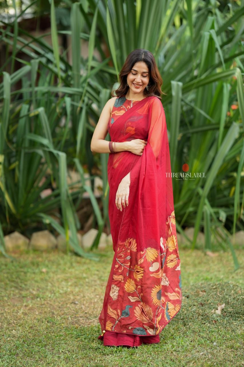 Maroon soft organza saree with kalamkari blouse