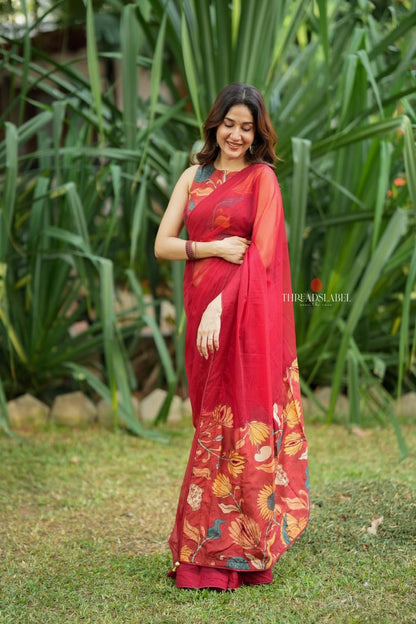 Maroon soft organza saree with kalamkari blouse