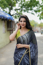 Blue grey georgette saree with silk hand work blouse