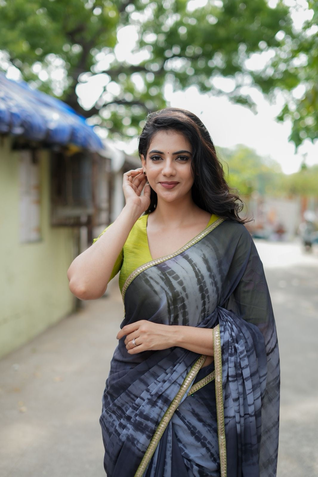 Blue grey georgette saree with silk hand work blouse