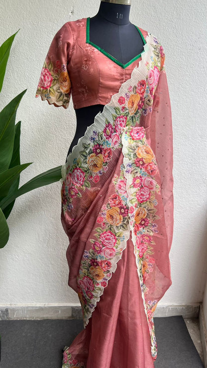 Peach floral kota doria saree with patterned blouse