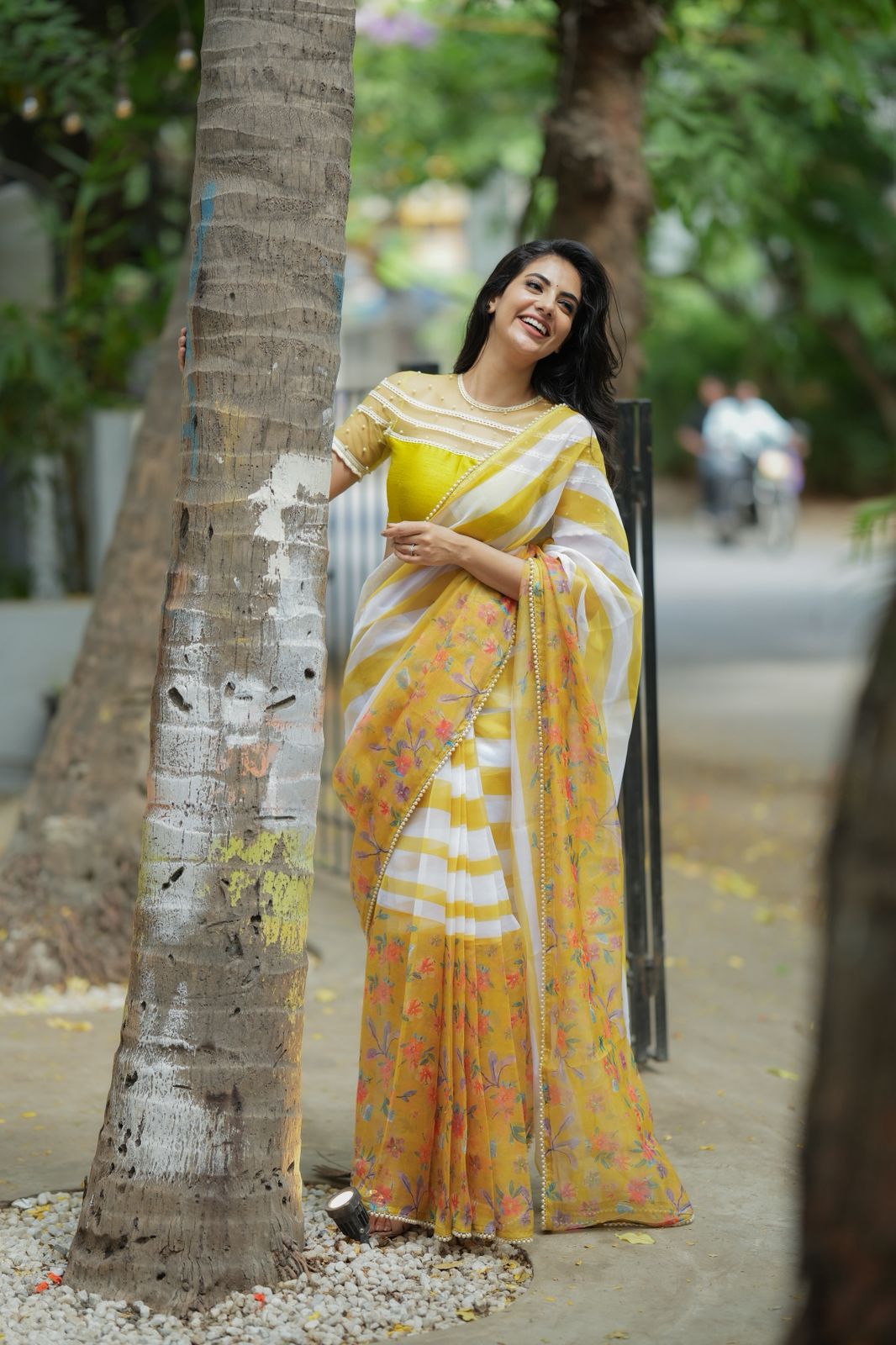 Fenugreek organza saree with hand work blouse