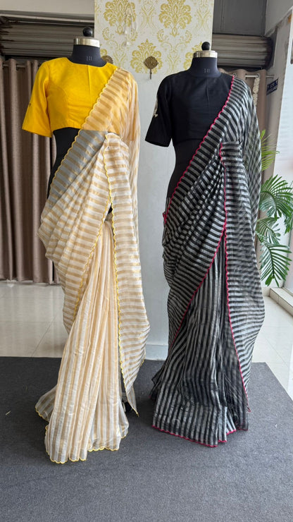 Black & silver stripped tissue saree with bird work blouse