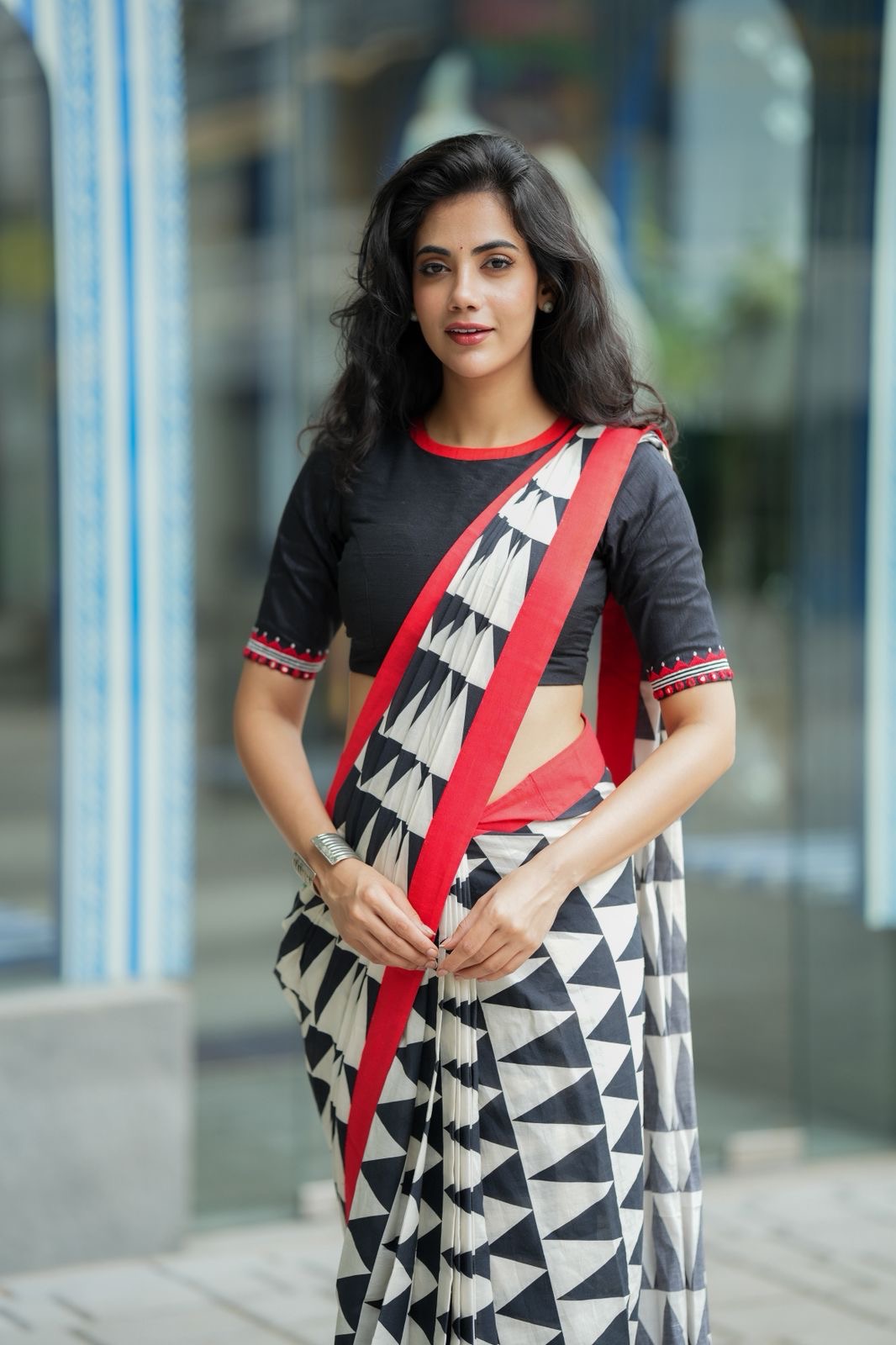Black & white triangle saree with black hand work blouse