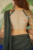 Bottle green mul chanderi saree with mirror work blouse