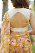 Fenugreek chiffon floral saree with linen mirror blouse