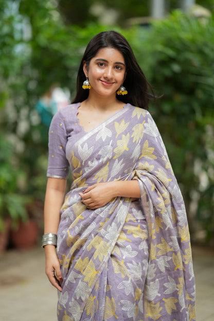 Lavender linen floral saree with hand work blouse