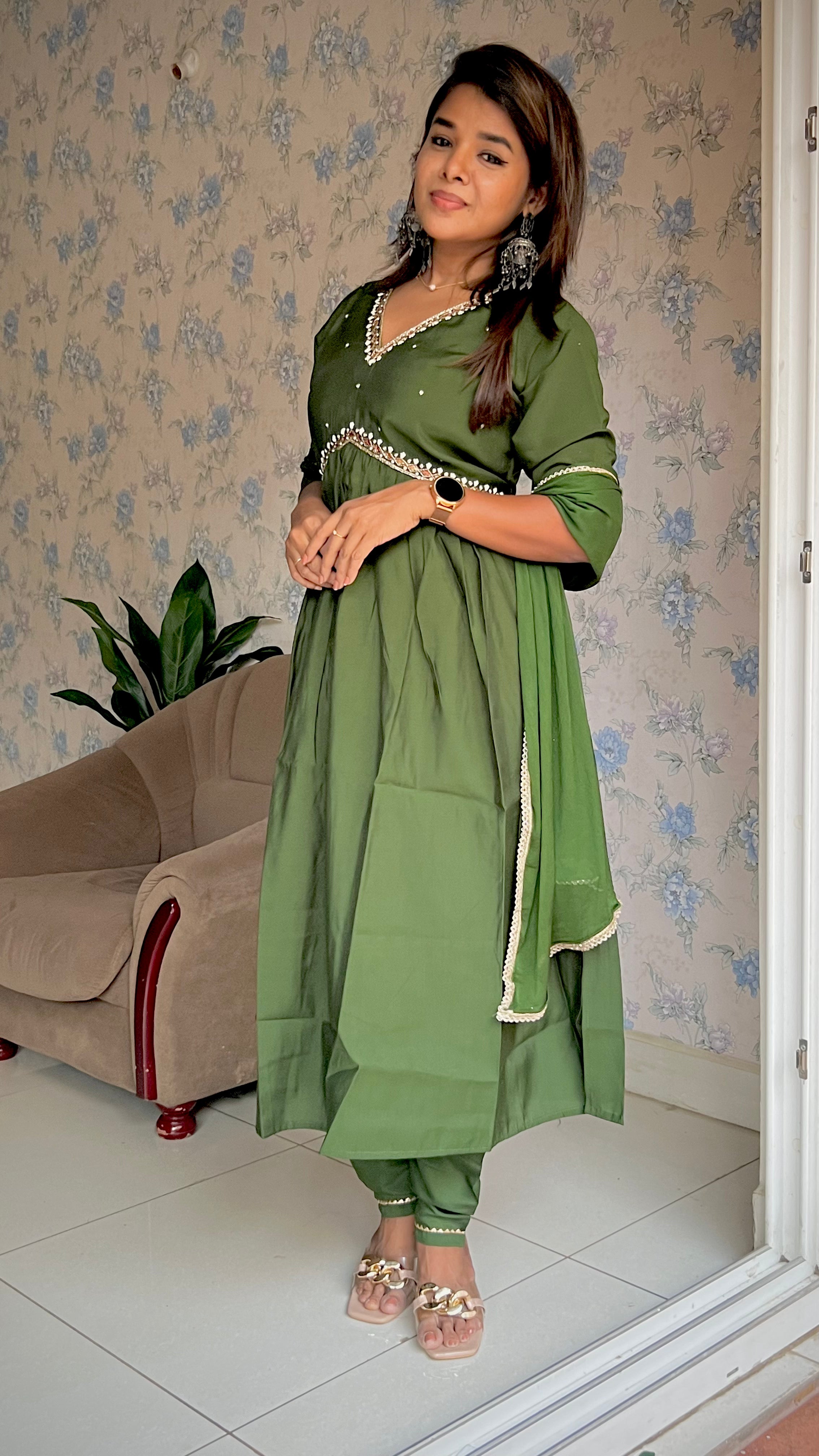 Mehandhi green silk 3 piece kurti suit