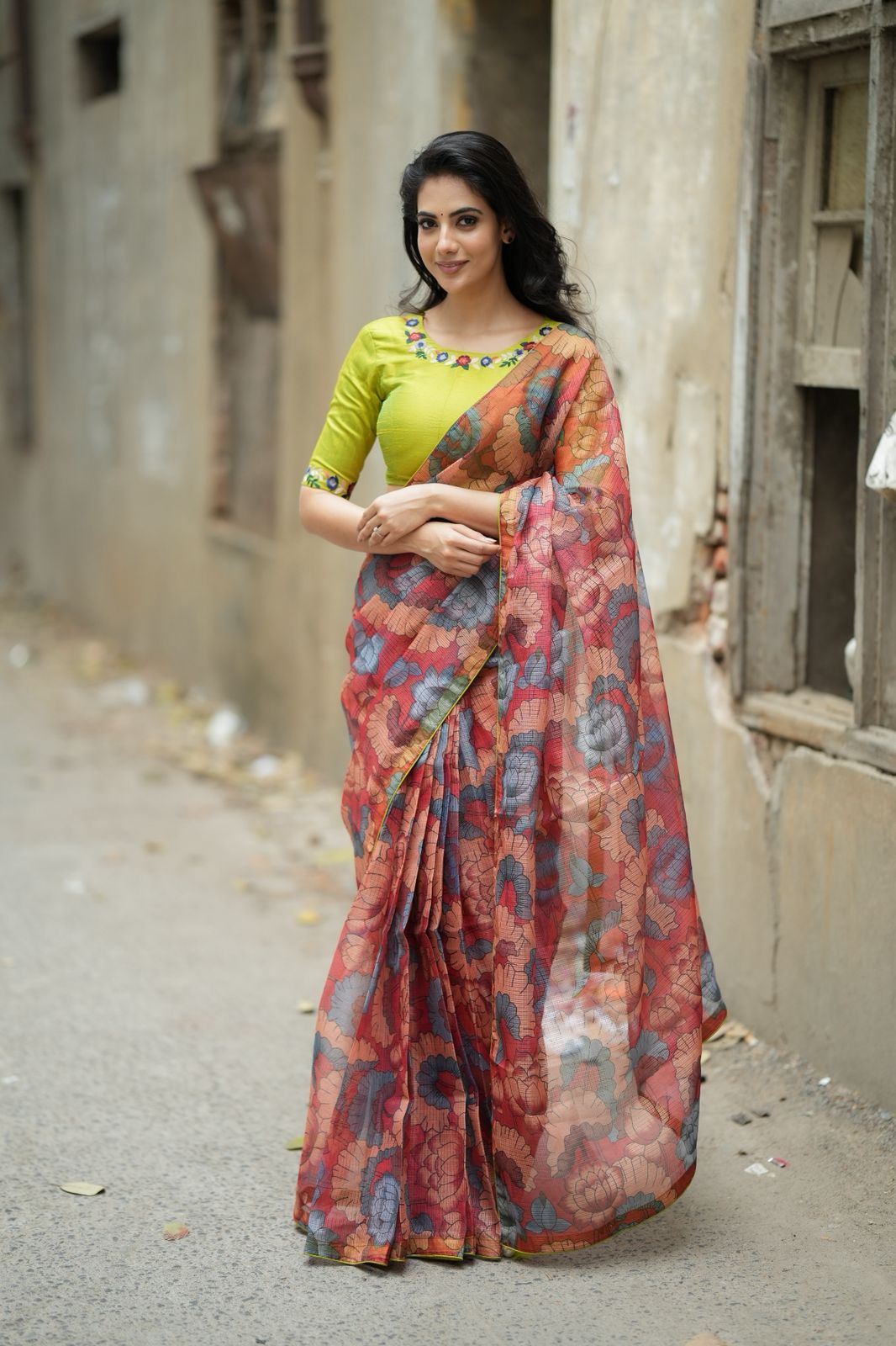Parrot green floral hand work blouse (only blouse)
