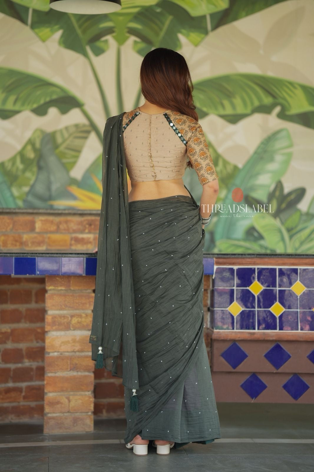 Bottle green mul chanderi saree with mirror work blouse