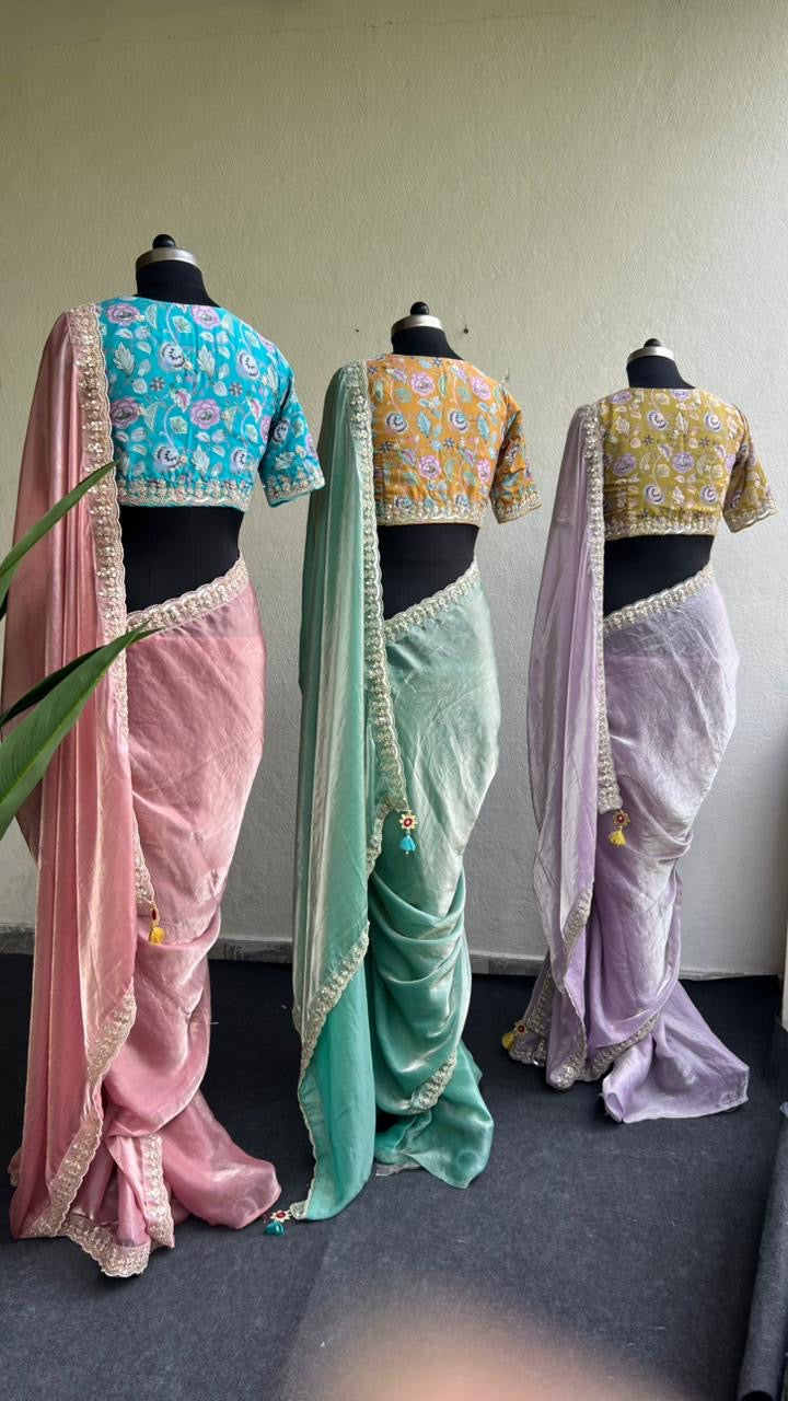 Lilliac soft tissue saree with yellow floral blouse