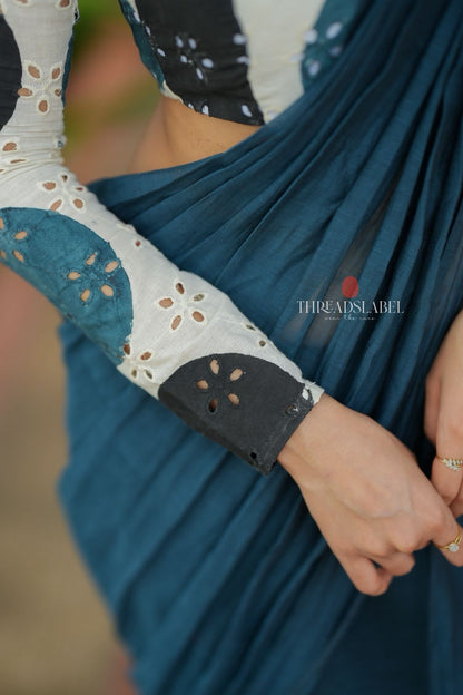 Blue mul chanderi saree with embroidery ajrak blouse