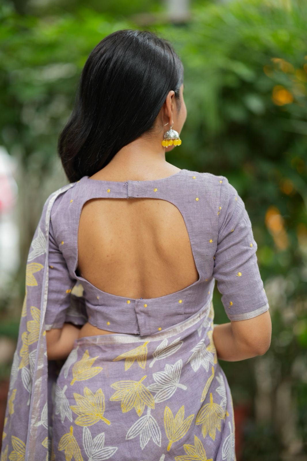 Lavender linen floral saree with hand work blouse