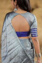 Silver grey blue soft tissue saree with handwork blouse