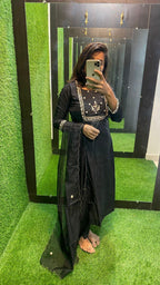 Black silk hand work embroidery 3 piece kurti set - Threads