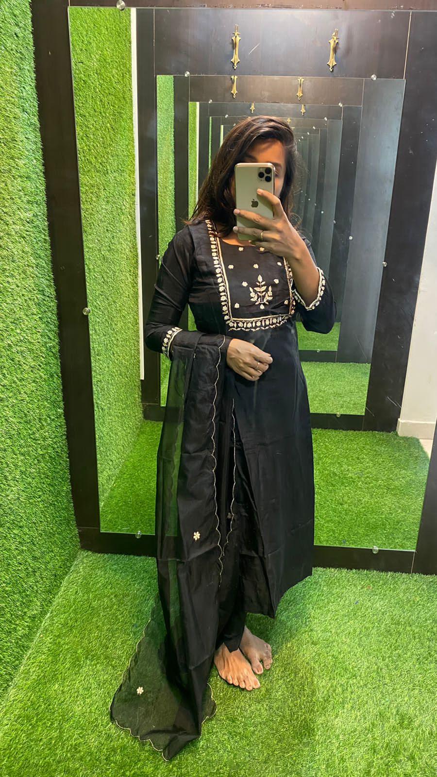 Black silk hand work embroidery 3 piece kurti set - Threads