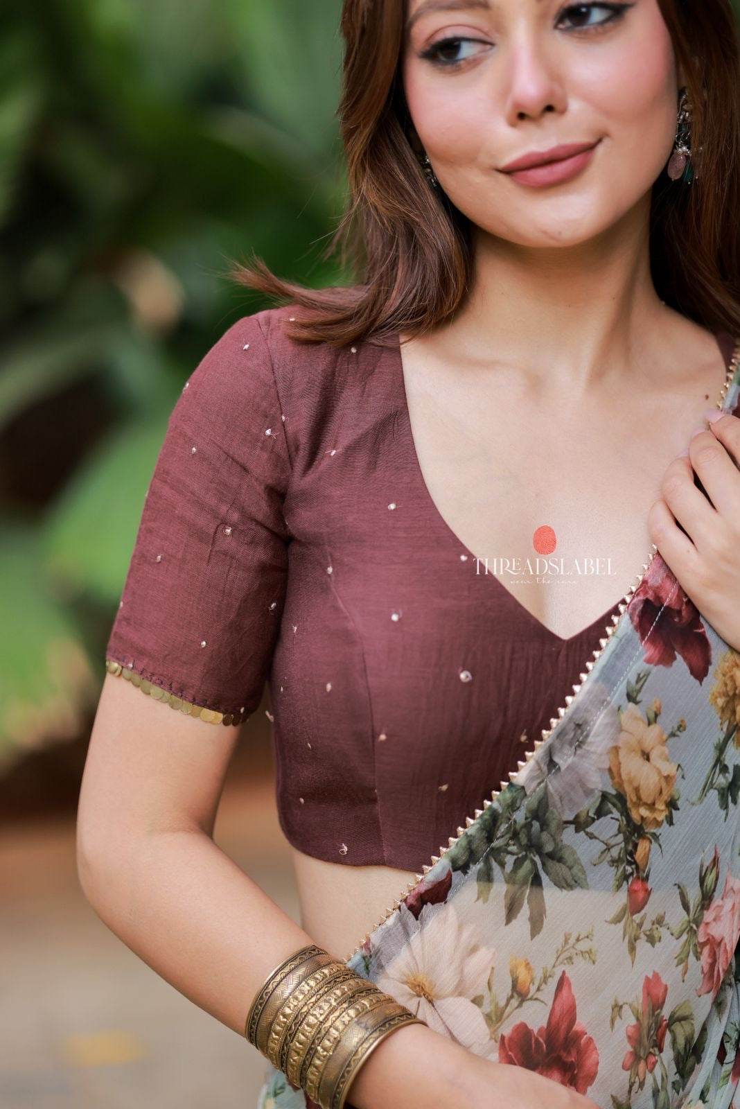 Sage green floral chiffon saree with hand work blouse
