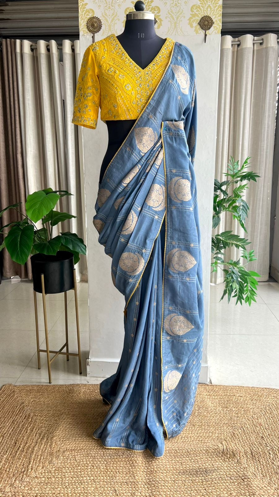 Blue banarasi silk saree with yellow embroidery blouse