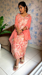Peach Chinnon floral printed 3 piece kurti suit