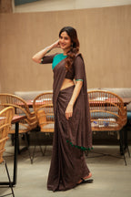 Dark brown mul chanderi with mirror blouse
