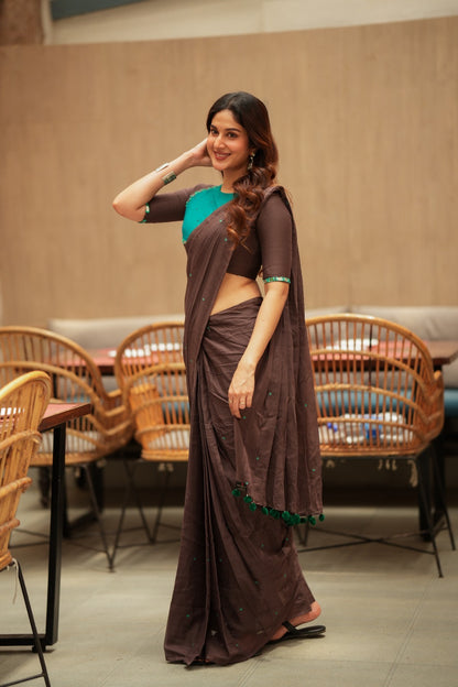 Dark brown mul chanderi with mirror blouse