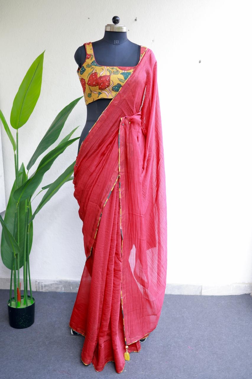 Red chanderi cotton saree with kalamkari handwork blouse