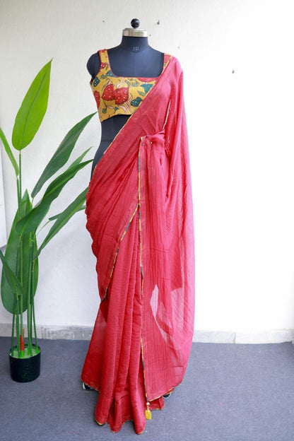 Red chanderi cotton saree with kalamkari handwork blouse