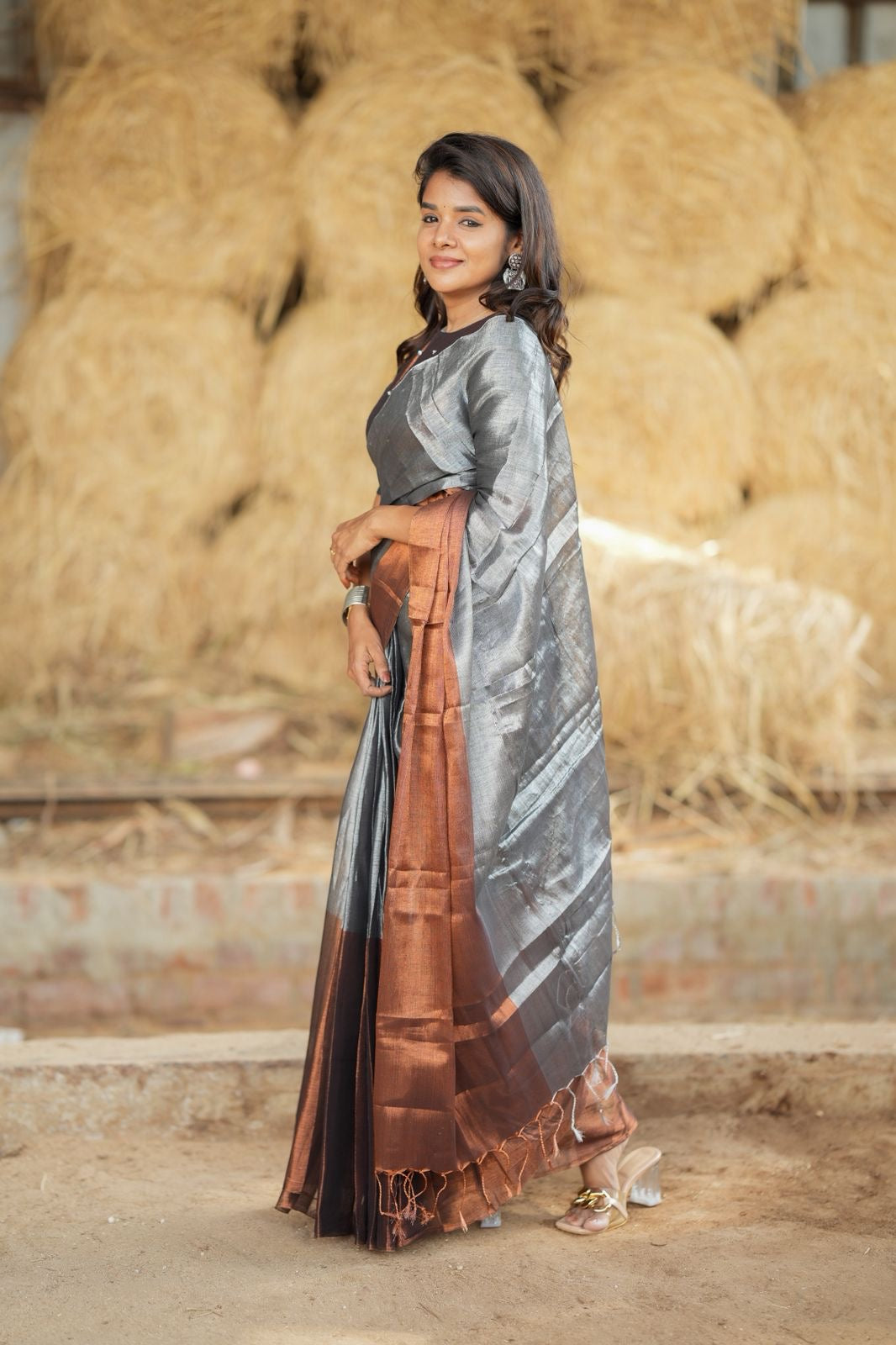 Silver grey brown soft tissue saree with handwork blouse
