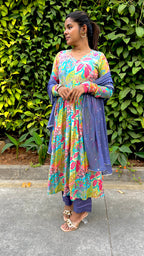 Blue muslin floral printed 3 piece alia cut kurti suit
