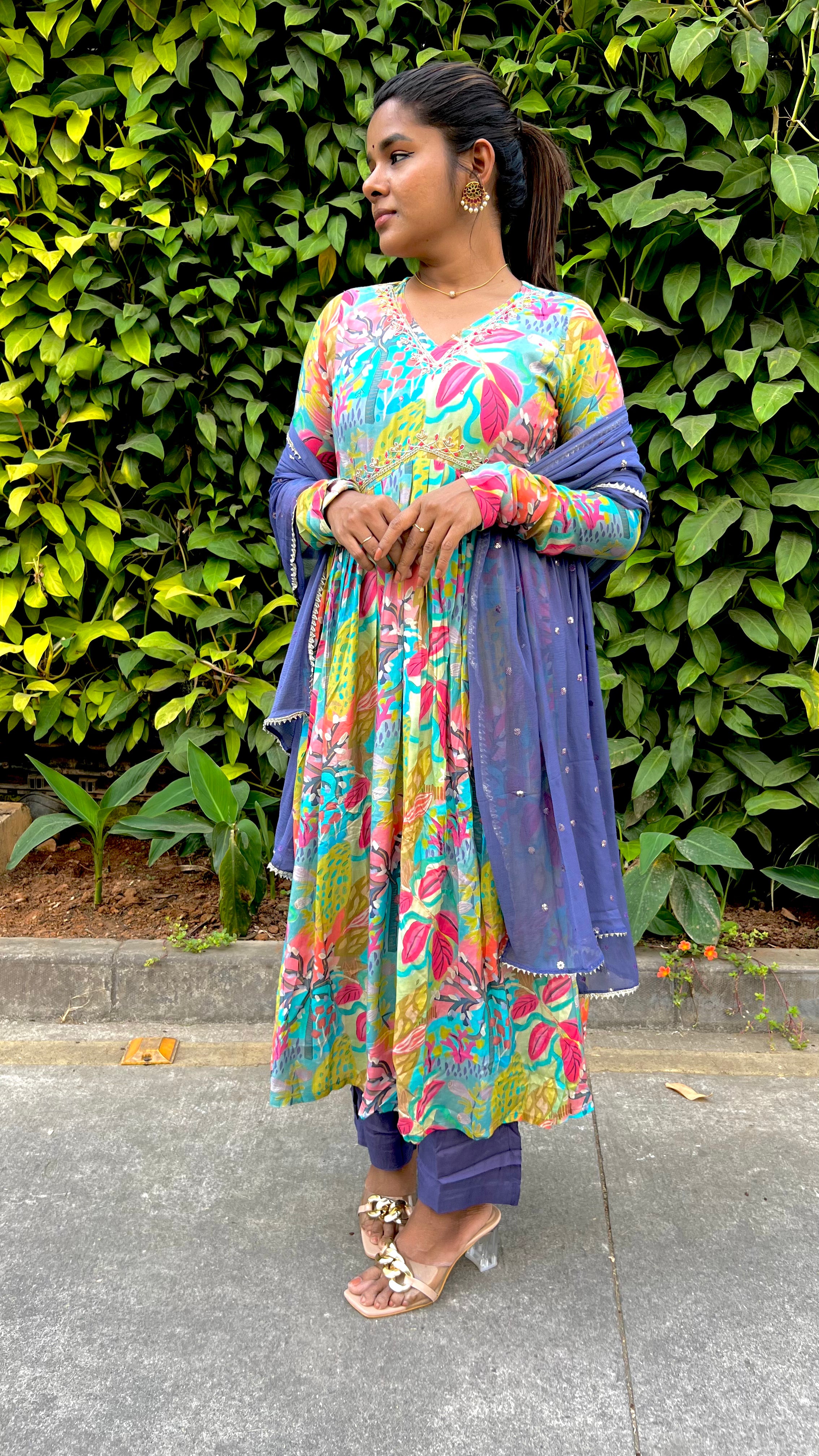 Blue muslin floral printed 3 piece alia cut kurti suit