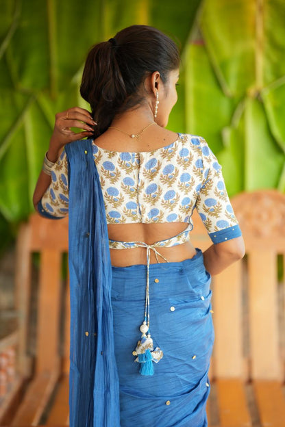 Blue malai chanderi saree with floral print blouse