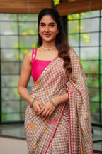 Brown checked mul cotton saree with hand work blouse