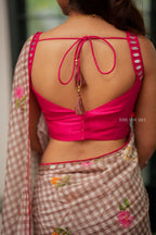 Brown checked mul cotton saree with hand work blouse