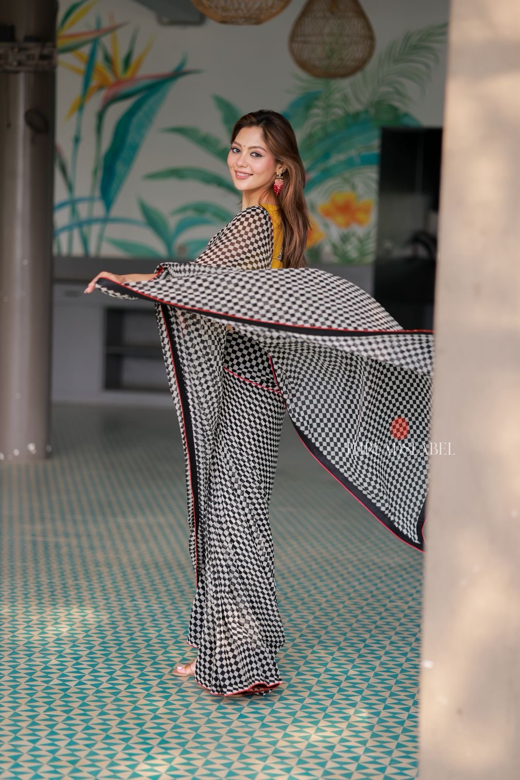 Black & white matrix chiffon saree with chess blouse