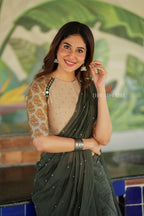 Bottle green mul chanderi saree with mirror work blouse