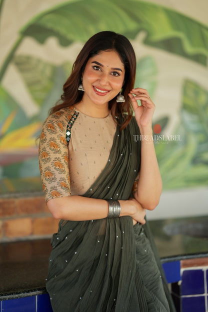 Bottle green mul chanderi saree with mirror work blouse