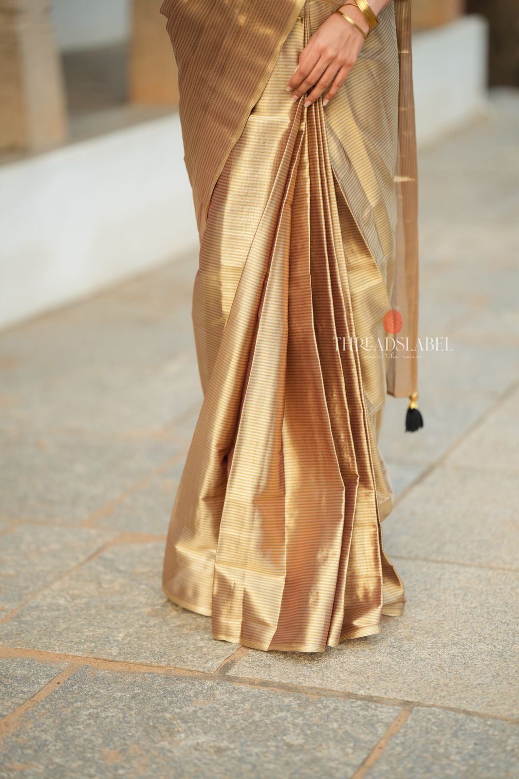 Golden tissue saree with black hand work blouse