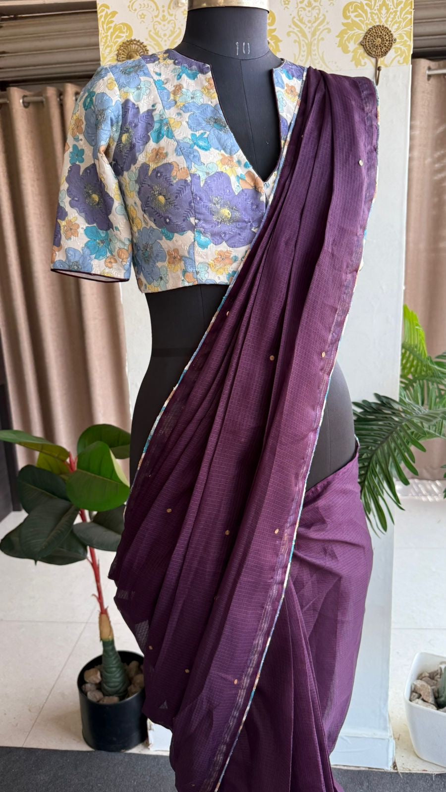 Wine kota saree with lilliac cotton blouse