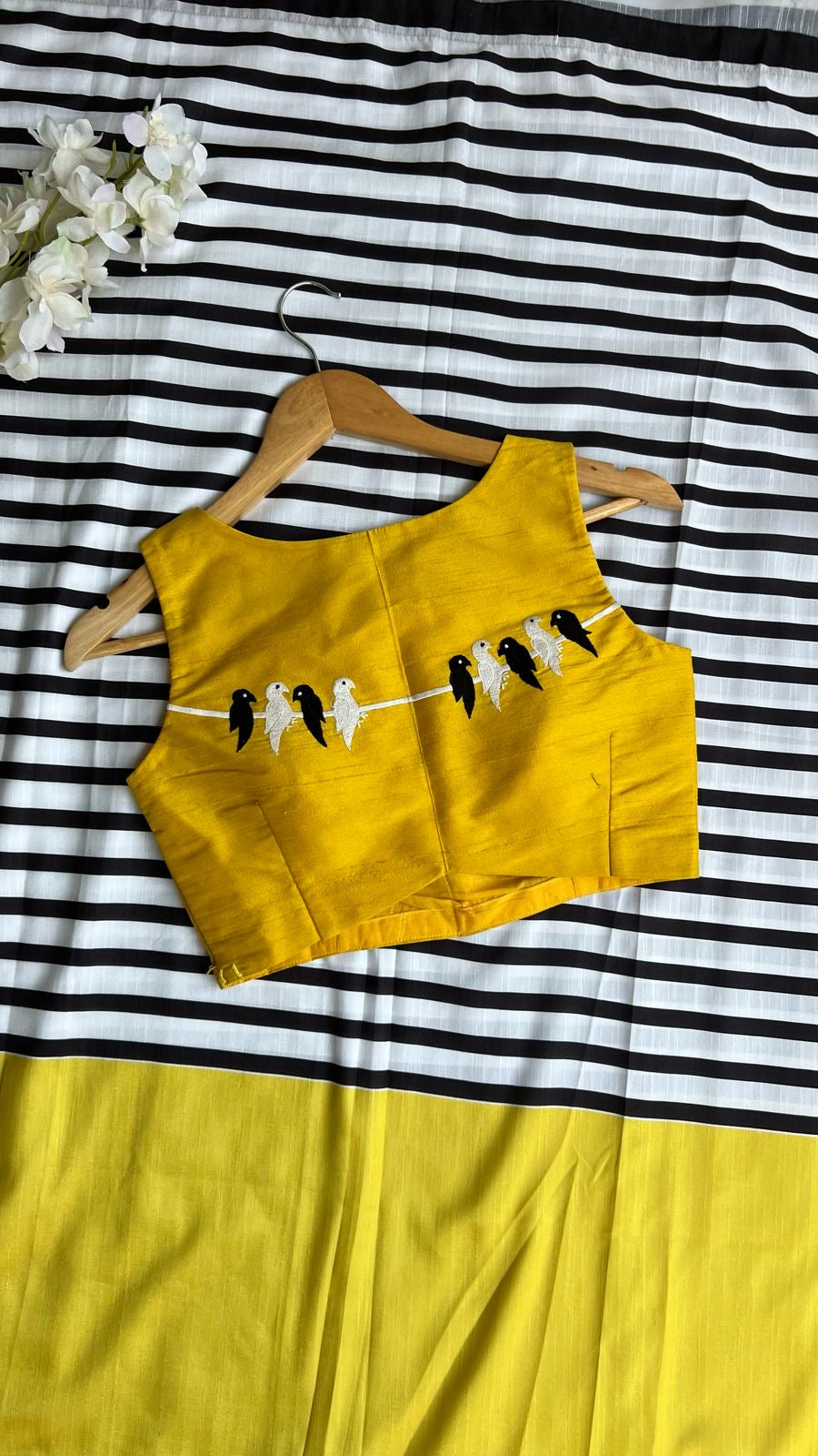 Yellow silk bird embroidery blouse